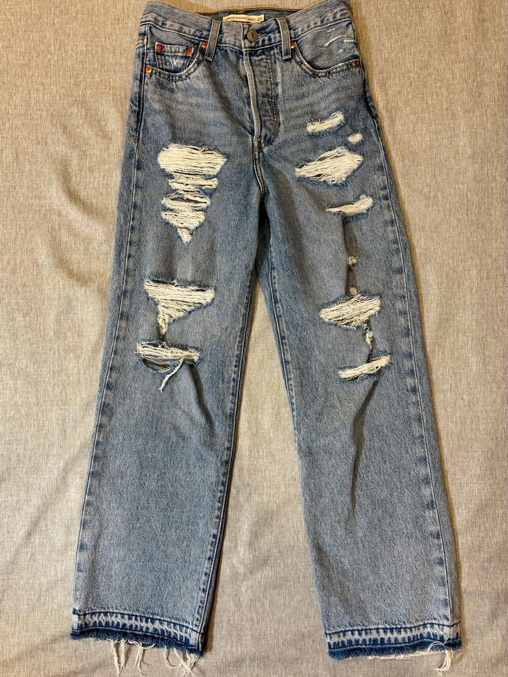 Levi Distressed High-Rise Straight Leg Jeans - Light Blue